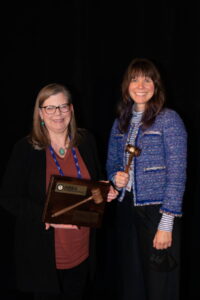 Outgoing President, LouAnn Burnett, MS, CBSP(ABSA), and incoming President, Rebecca Moritz, MS, RBP(ABSA), at ABSA International's 65th Annual Biosafety and Biosecurity Hybrid Conference, October, 2022