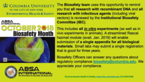 2022 Biosafety and Biosecurity Promotional Item Award: Digital signage for building lobby screen, Christopher Aston, Columbia University
